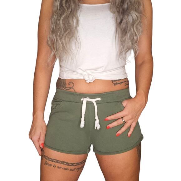 Olive Green Shorts Womens Small Army Military White Sweatpant Comfy Pockets - Picture 1 of 7
